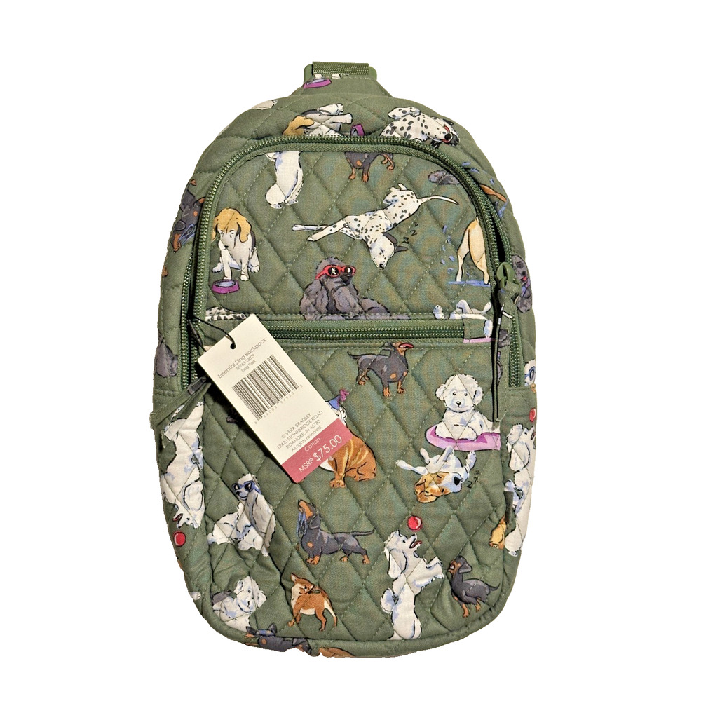 New Vera Bradley Dog Park Show Sling Backpack Cotton Green